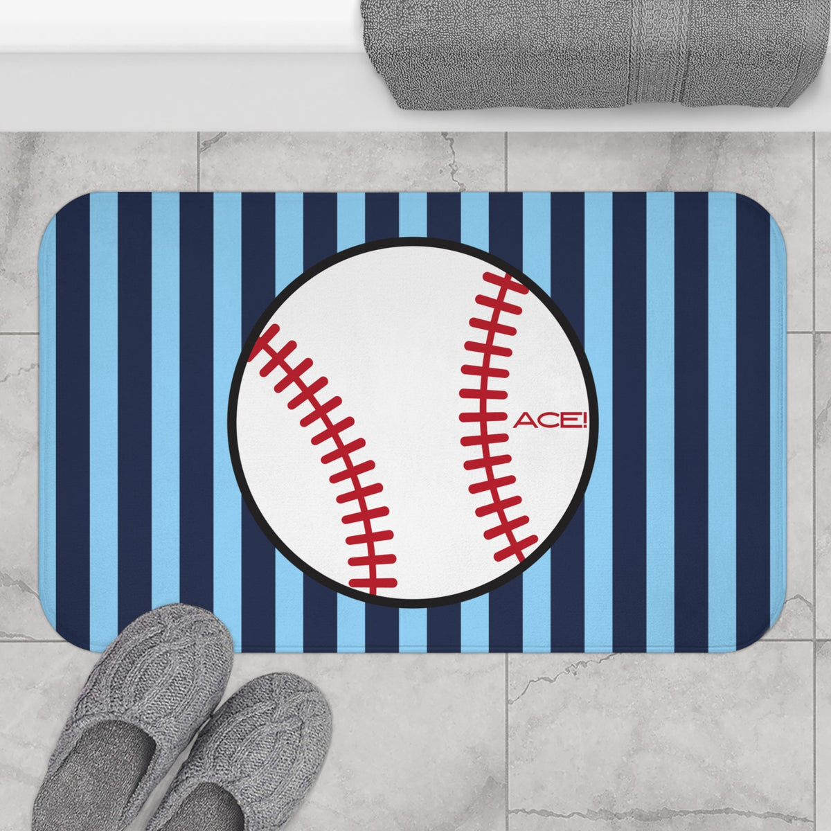 Baseball Bath Mat – Blue Striped Soft Non-Slip Bathroom Rug
