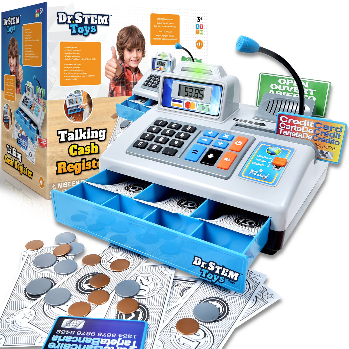 Dr. STEM Toys Talking Cash Register & Pretend Food Bundle– Trilingual Money Counting & Math Learning Toy with Play Money, Credit Cards & Working Microphone – Ages 3+