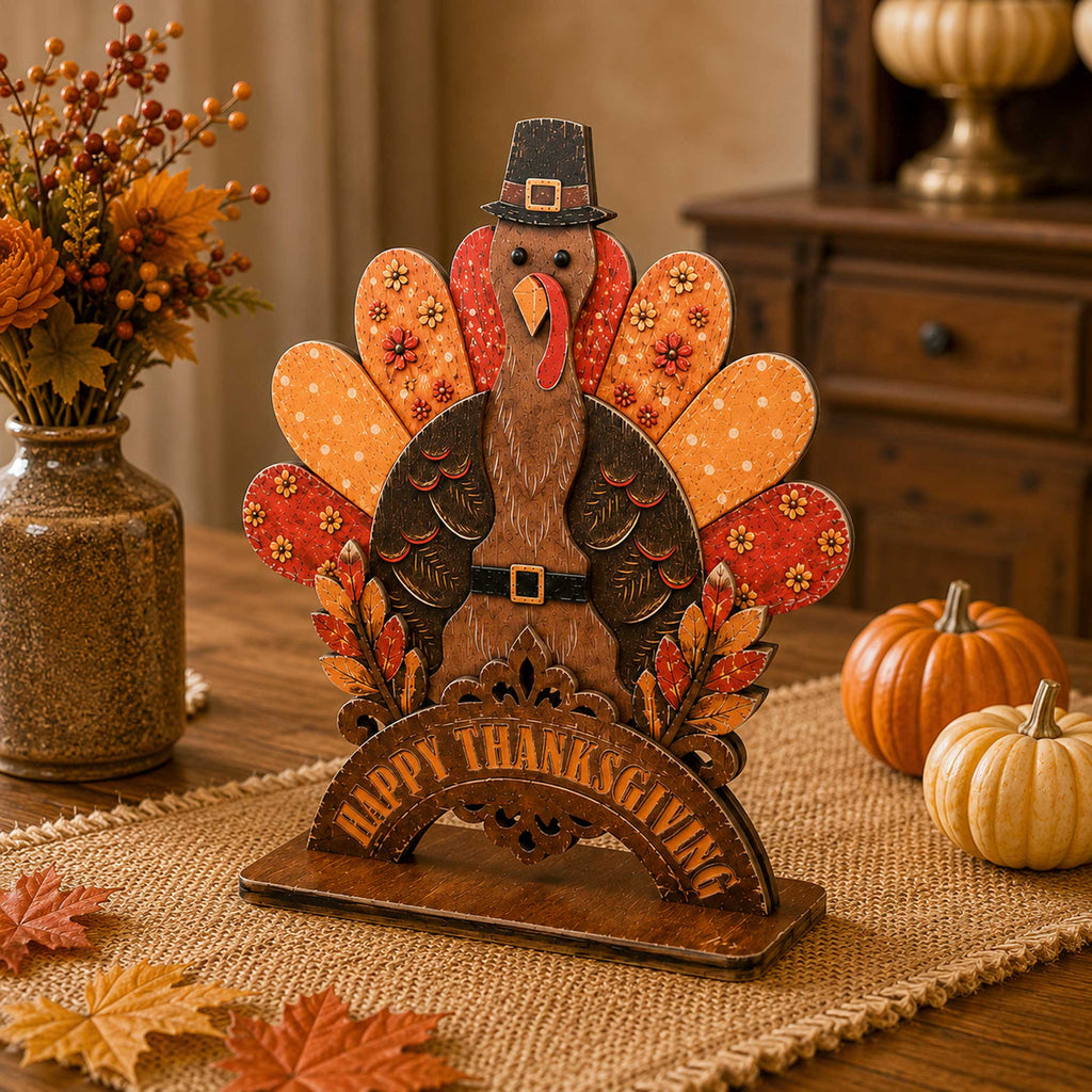 Happy Thanksgiving Turkey Wooden Tabletop Decoration – Fall Harvest Décor by G. Debrekht – 862110