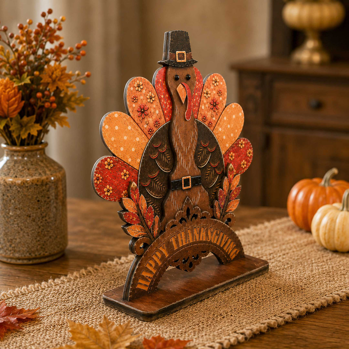 Happy Thanksgiving Turkey Wooden Tabletop Decoration – Fall Harvest Décor by G. Debrekht – 862110
