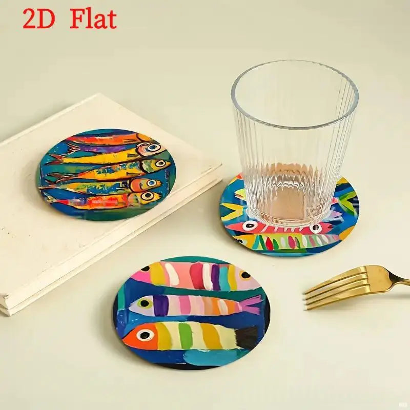 6-piece Watercolor Round Wooden Coasters With Swimming Fish Designs