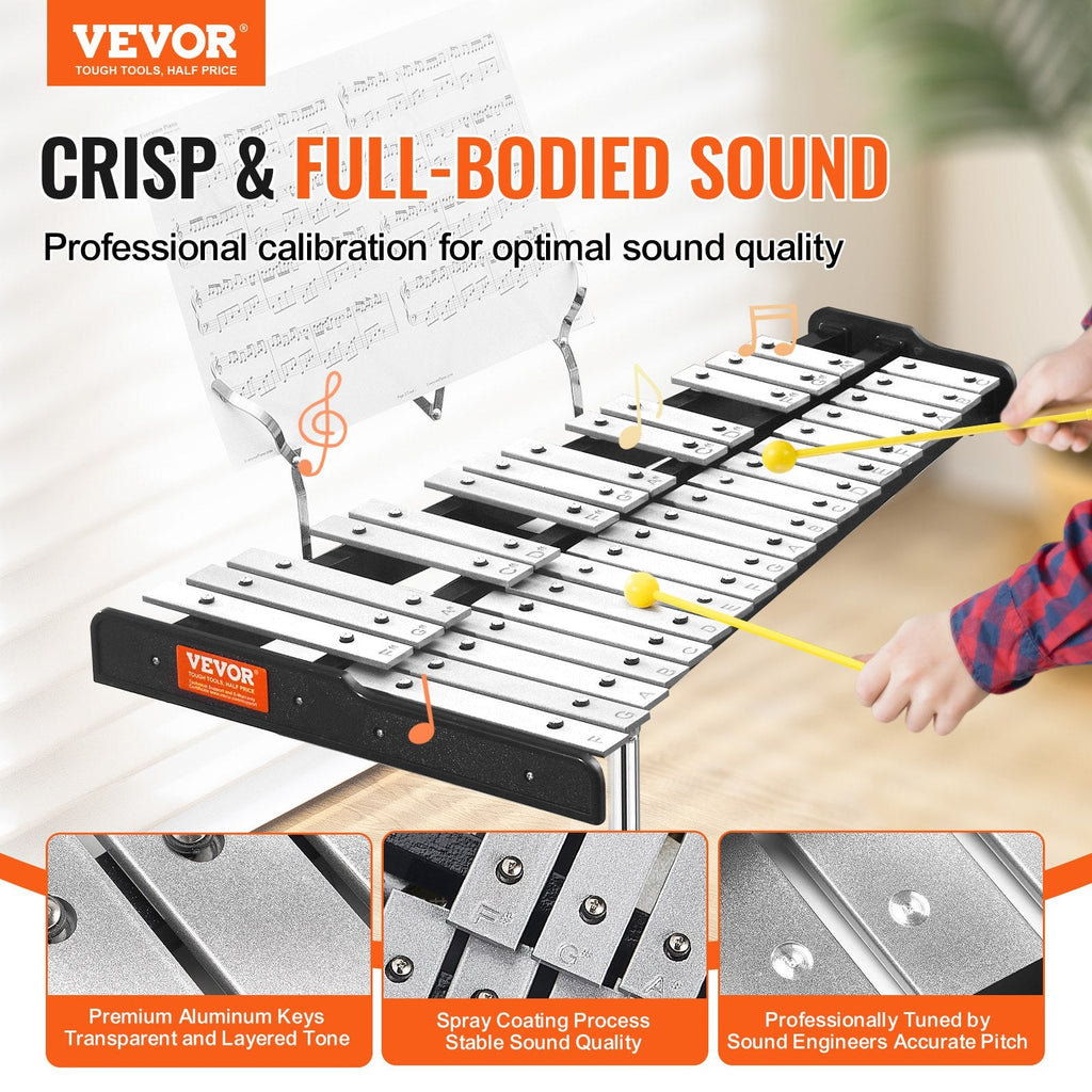 32 Note Glockenspiel Xylophone Bell Kit, Professional Percussion Instrument Set With Mallets, Drum Sticks, Music Stand, Adjustable Stand And Carrying Bag