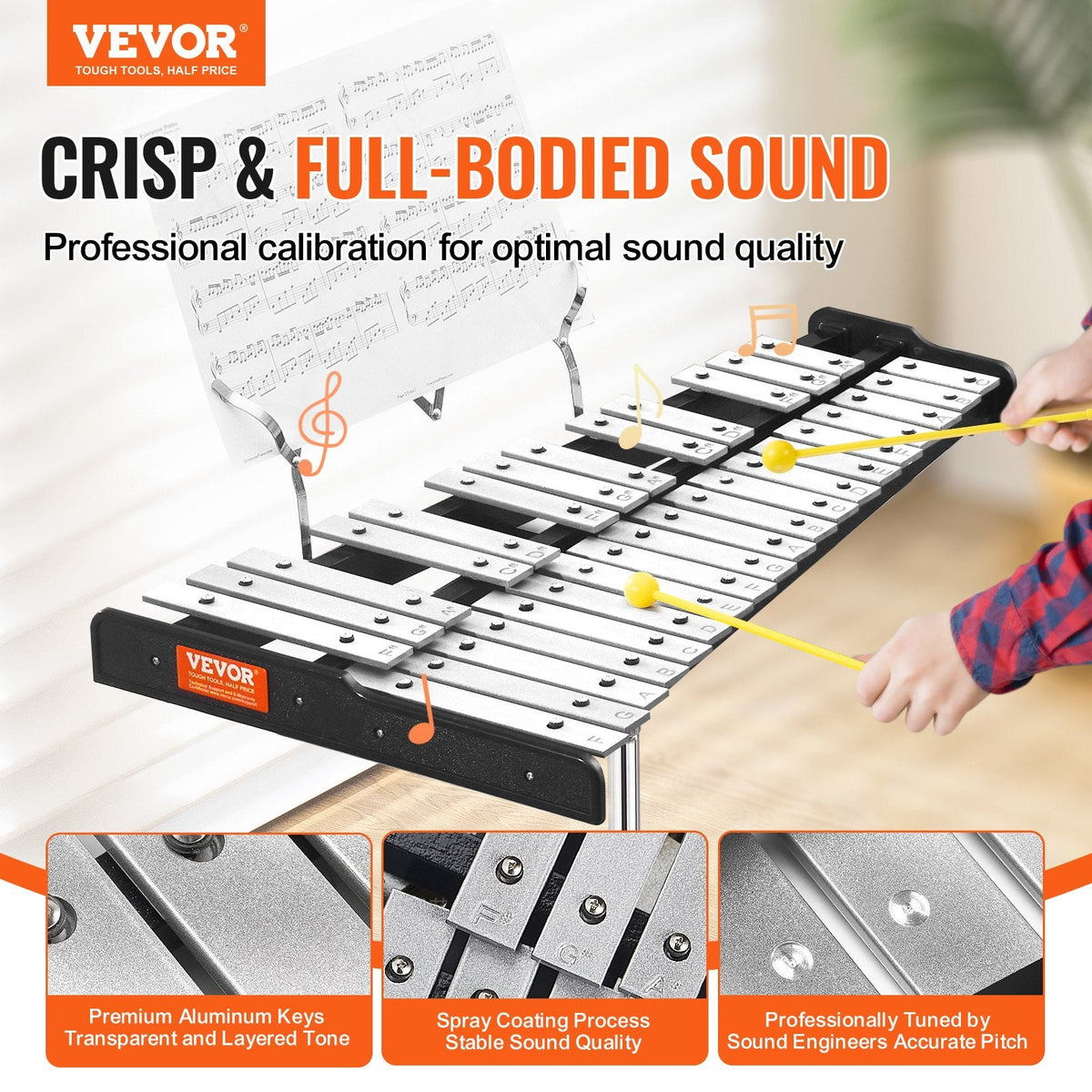 32 Note Glockenspiel Xylophone Bell Kit, Professional Percussion Instrument Set With Mallets, Drum Sticks, Music Stand, Adjustable Stand And Carrying Bag