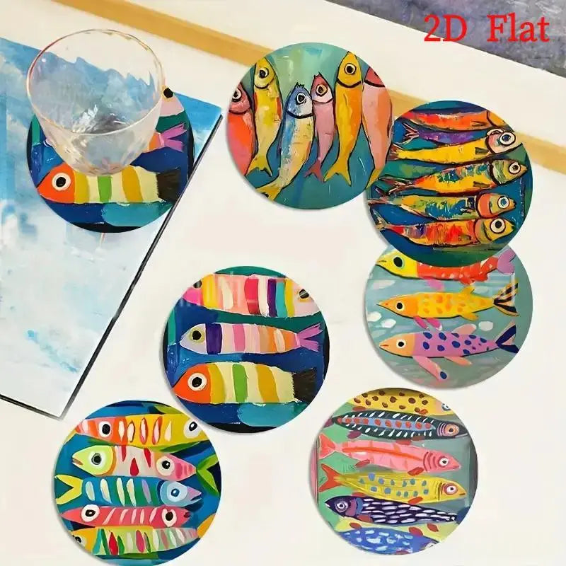 6-piece Watercolor Round Wooden Coasters With Swimming Fish Designs