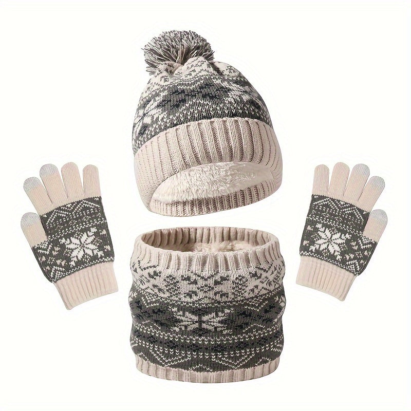1-Piece Autumn & Winter Children's Warm Set – Cute Snowflake Knitted Hat, Scarf & Gloves for Baby