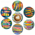 6-piece Watercolor Round Wooden Coasters With Swimming Fish Designs