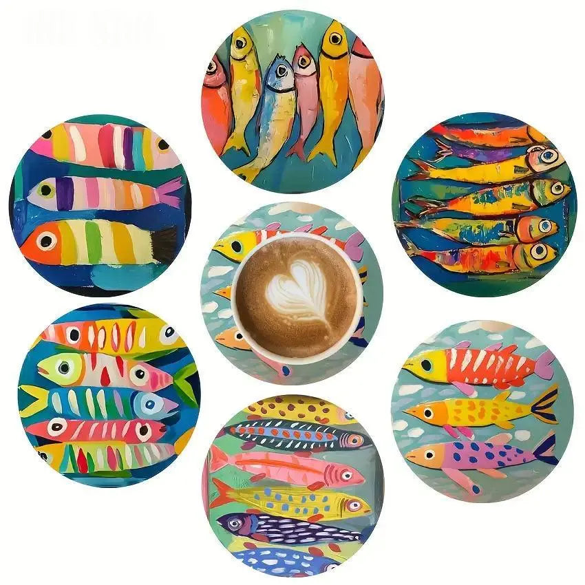 6-piece Watercolor Round Wooden Coasters With Swimming Fish Designs