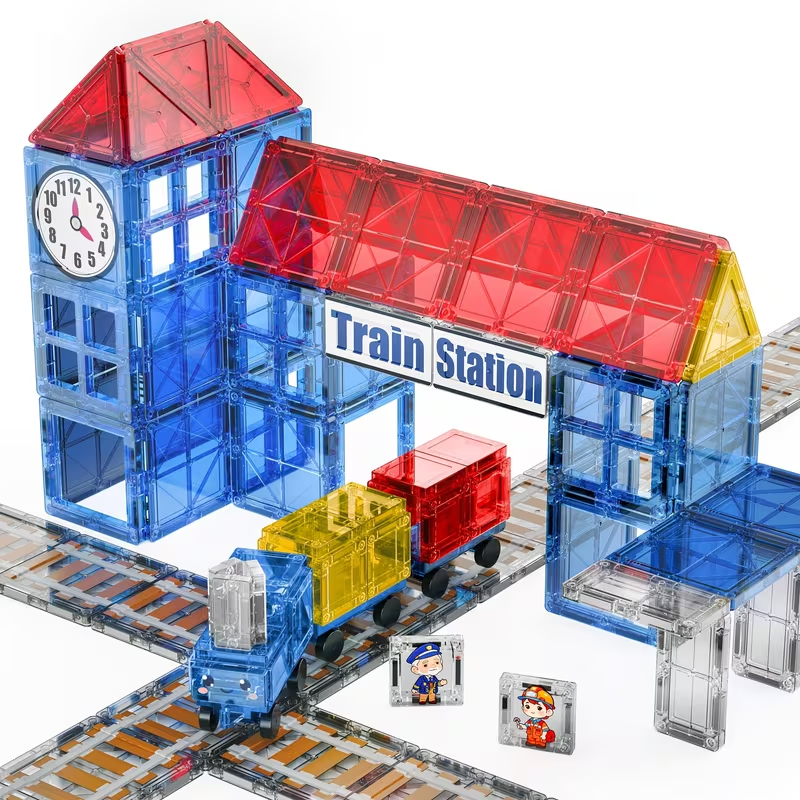 60-Piece Magnetic Train Station Building Set – STEM Engineering & Transportation Learning Kit
