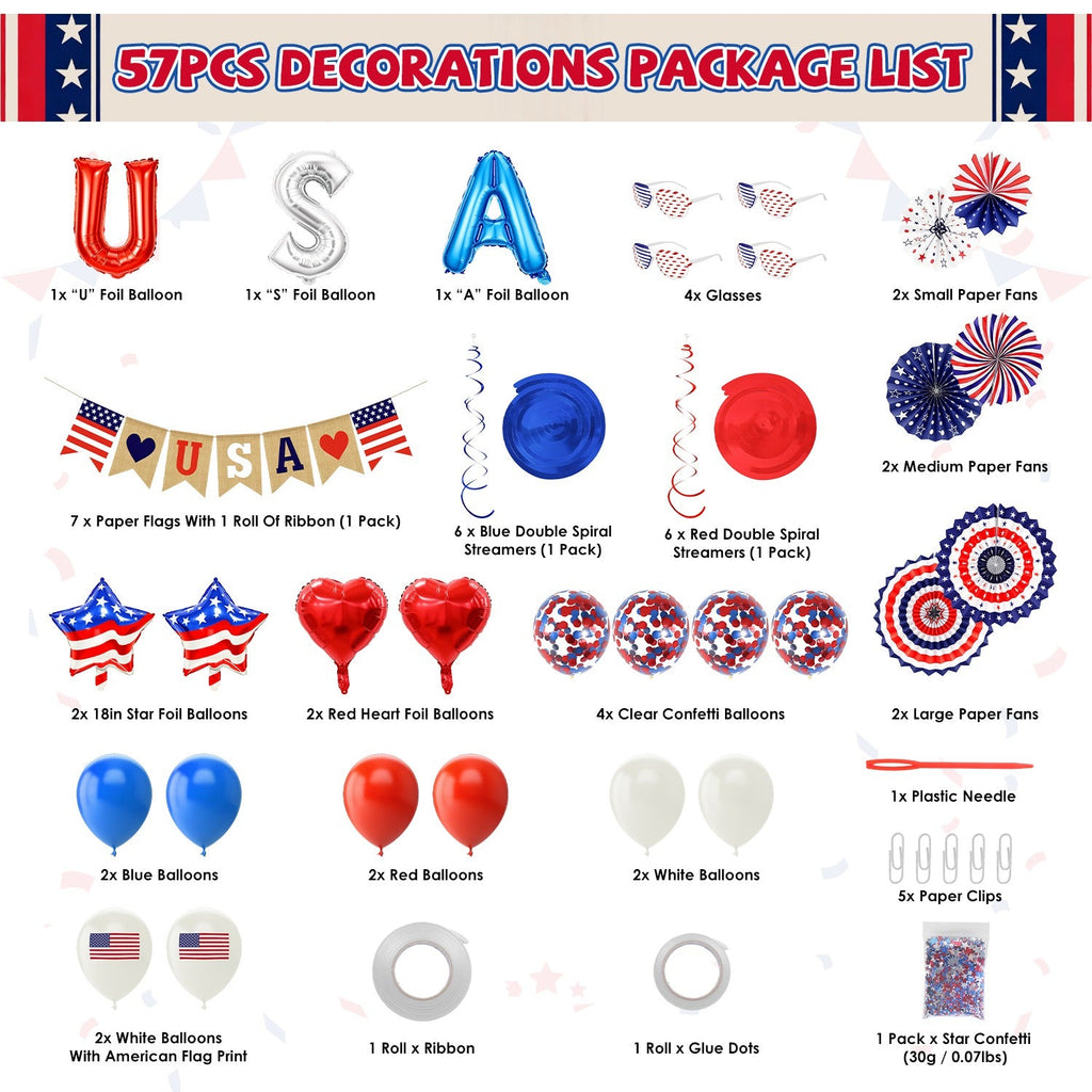 4th of July Decorations Set - 57 Piece Patriotic Party Kit
