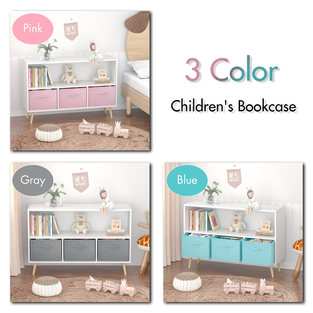 Kids bookcase with Collapsible Fabric Drawers Children's Book Display Toy Storage Cabinet Organizer White/Blue
