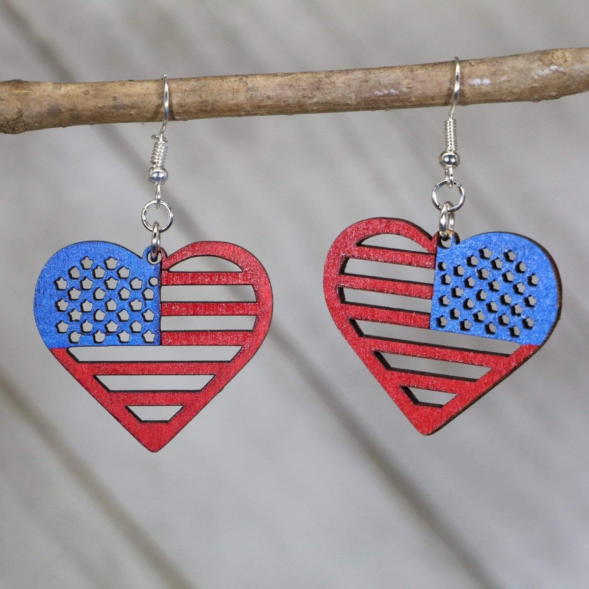 American Flag Heart Wooden Earrings | USA Patriotic Jewelry