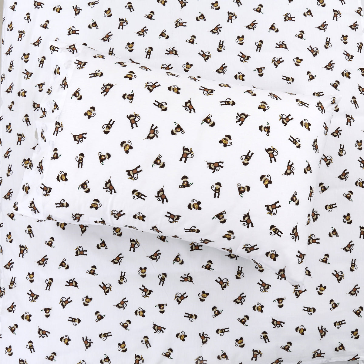 3-Piece Crib/Toddler Cotton Sheet Set White Brown Monkey Around Jungle Bananas