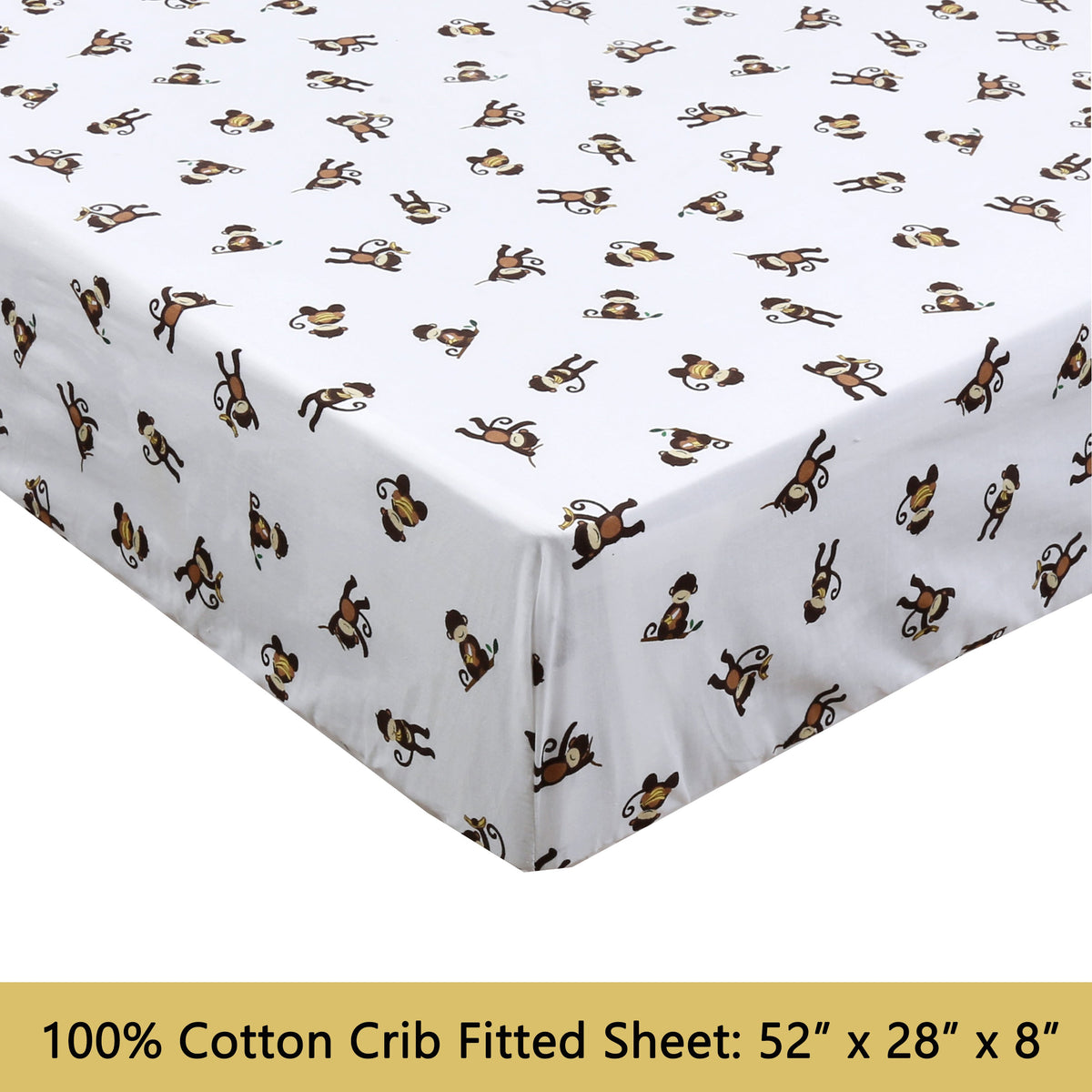 3-Piece Crib/Toddler Cotton Sheet Set White Brown Monkey Around Jungle Bananas