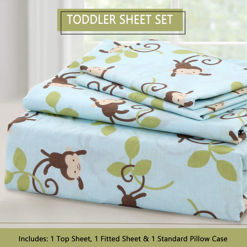 3-Piece Crib/Toddler Cotton Sheet Set Blue Jungle Monkey Tails Swing