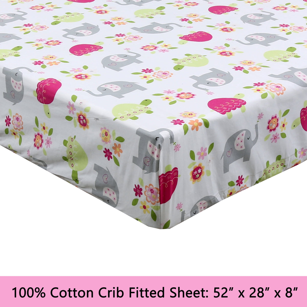 3-Piece Crib/Toddler Cotton Sheet Set White Pink Grey Sweet Floral Friends Baby Elephant Turtle