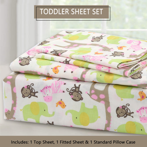 3-Piece Crib/Toddler Cotton Sheet Set Pink Jungle Zoo Animal Friends Giraffe Monkey Elephant Zebra Bird