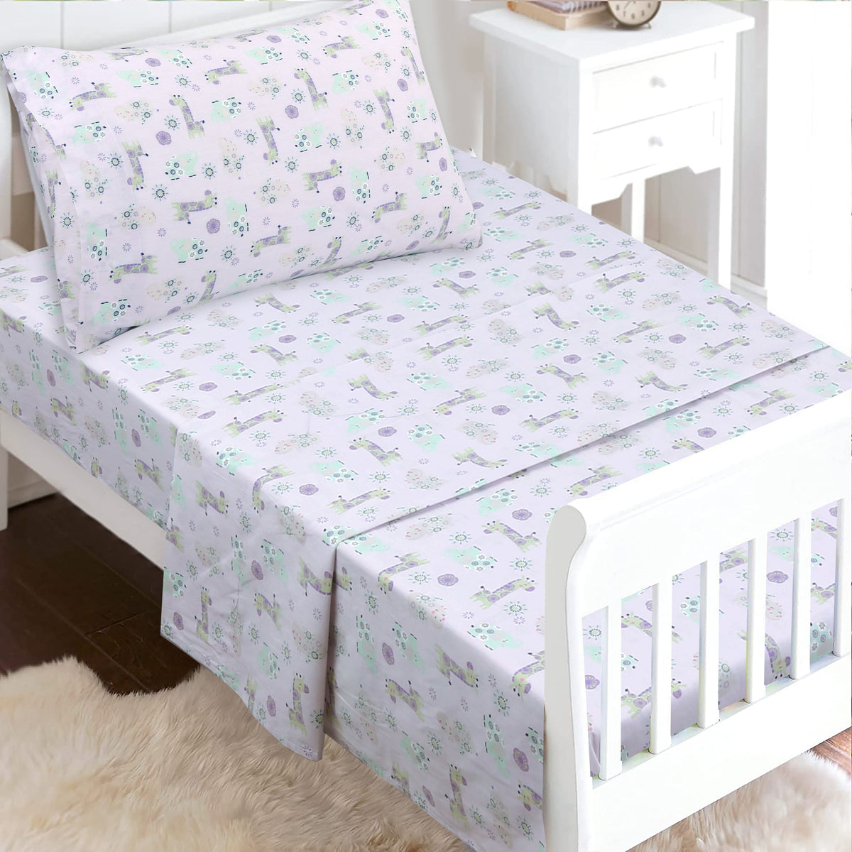 3-Piece Crib/Toddler Cotton Sheet Set Pink Gypsy Floral Spirograph Animals Giraffe Hippo Elephant