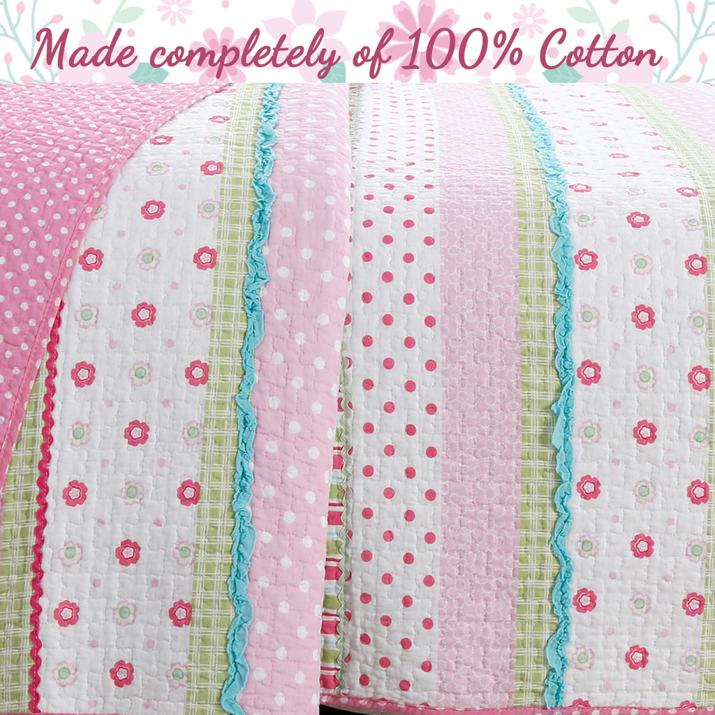 Greta Floral Stripe Pink Real Patchwork Cotton Reversible Quilt Bedding Set
