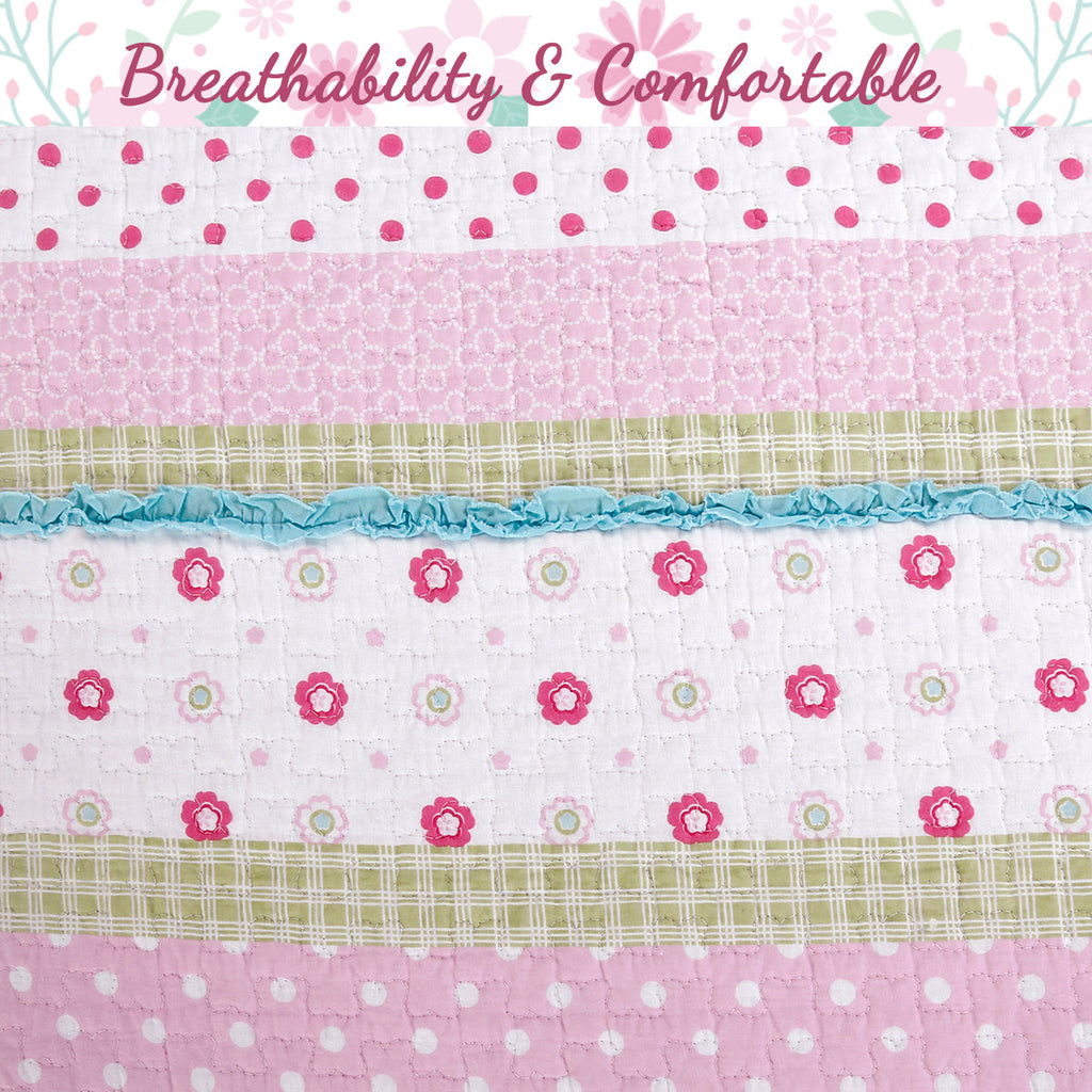 Greta Floral Stripe Pink Real Patchwork Cotton Reversible Quilt Bedding Set