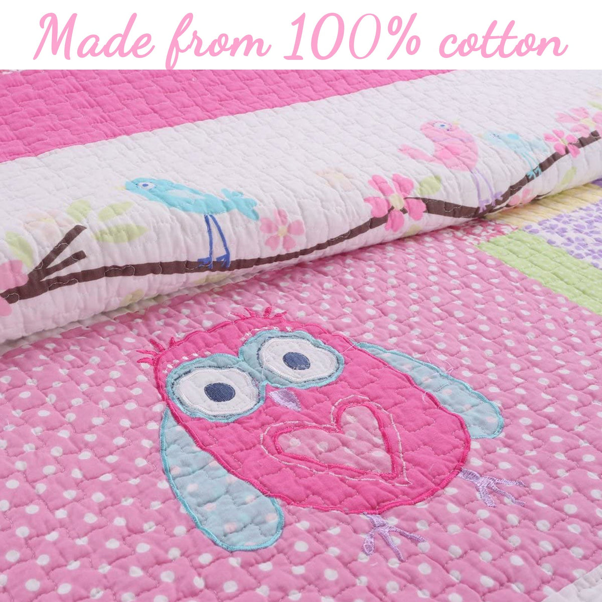 Pink Owl Print Patchwork Cotton Reversible Quilt Bedding Set