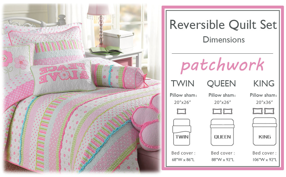 Greta Floral Stripe Pink Real Patchwork Cotton Reversible Quilt Bedding Set