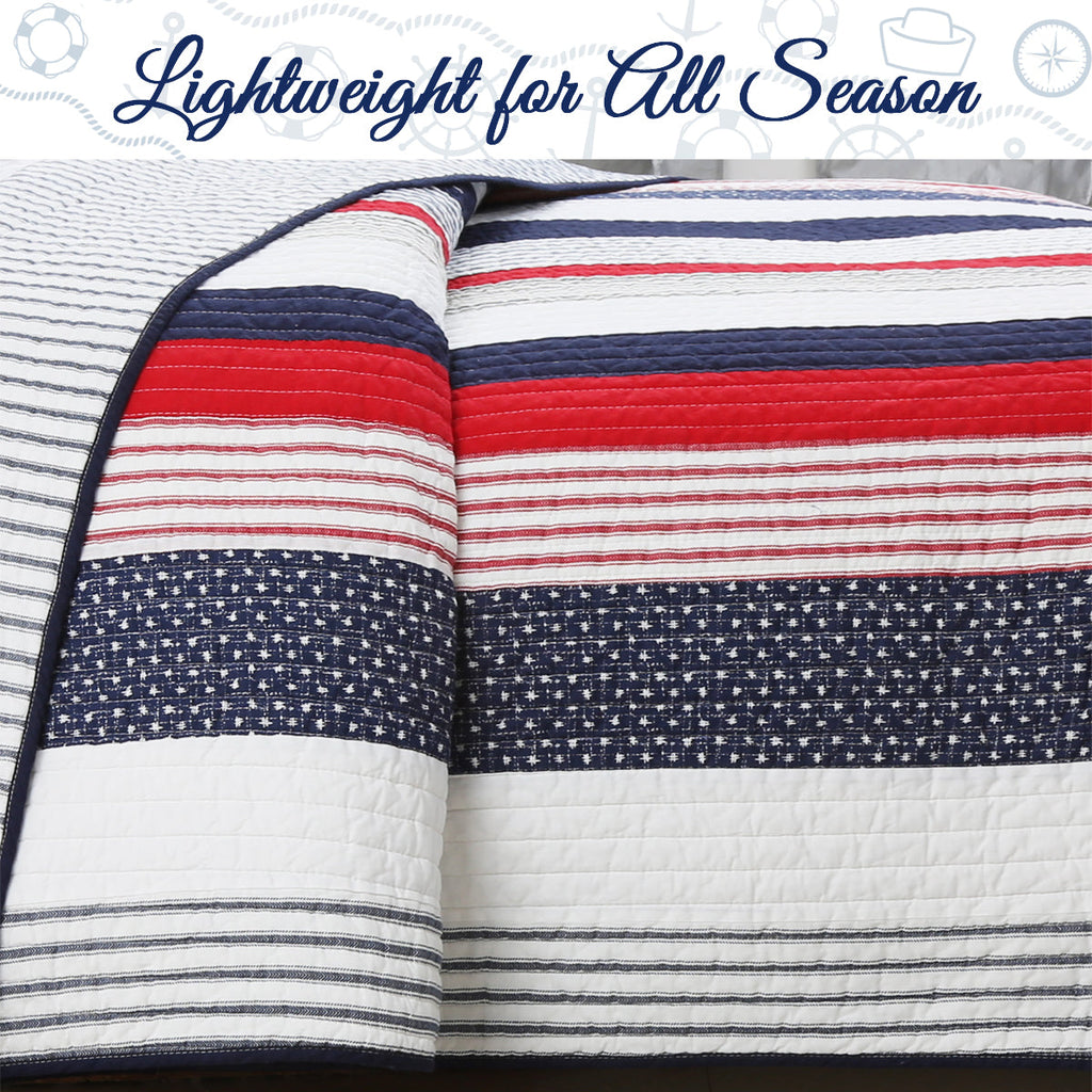 Liberty Patriotic Stripes Red Blue White Striped Real Patchwork Cotton Reversible Quilt Bedding Set