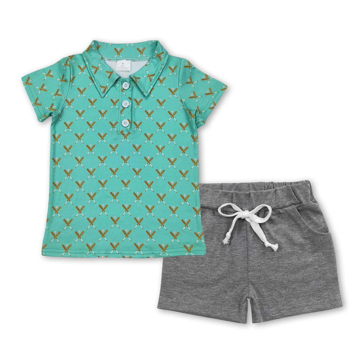 Baseball polo shirt grey shorts kids boys clothing set