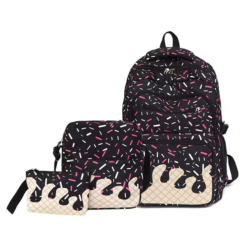 3 Piece Backpack Set with Lunch Box and Storage Bag | Ice Cream Design | Black