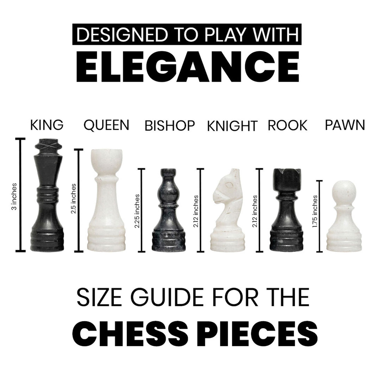 Black and White Chess Pieces for 12 to 16 Inches Board - Handcrafted (Pieces Only)