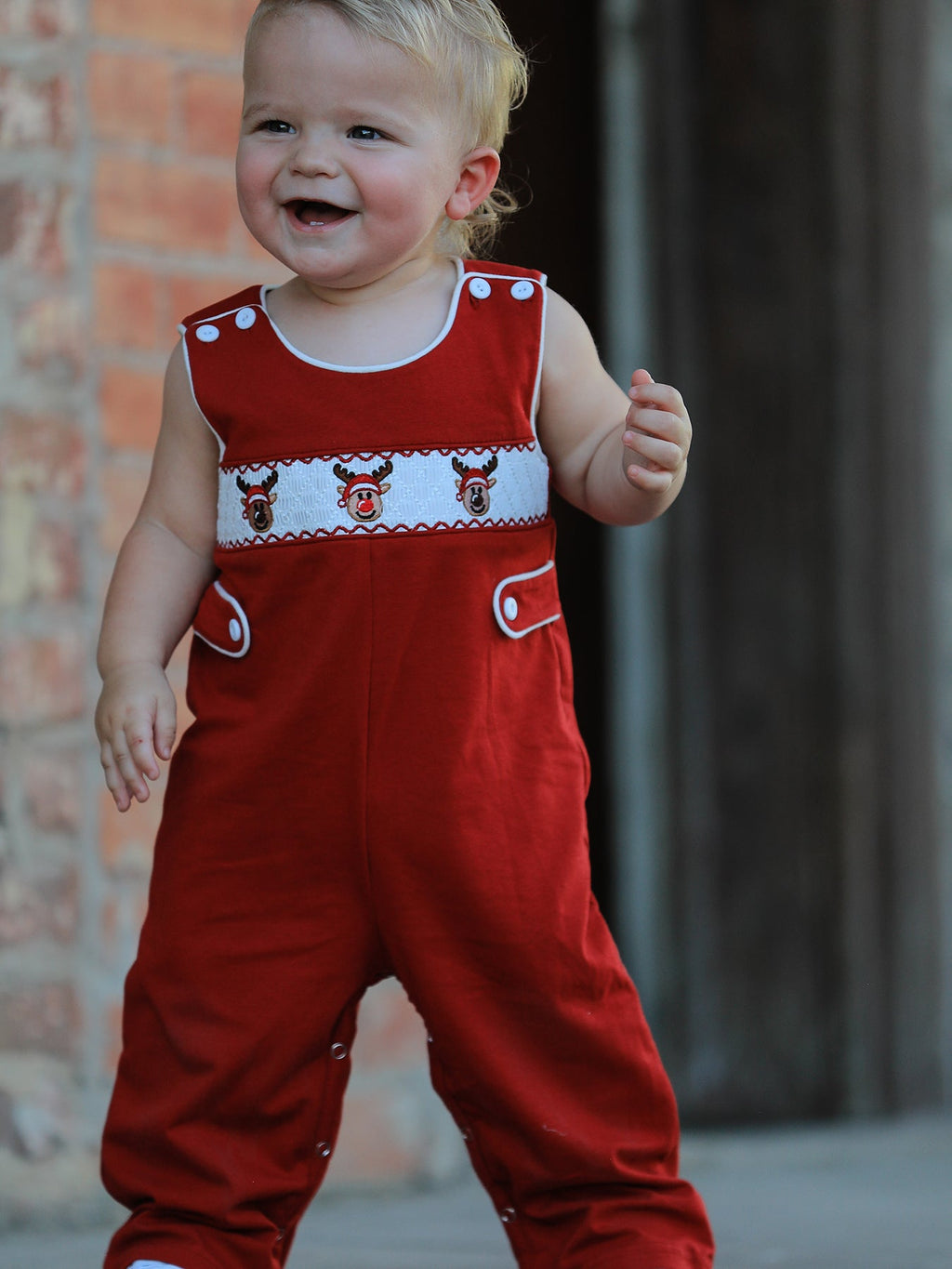 Baby Boys Christmas Reindeer Smocked Red Jonjon