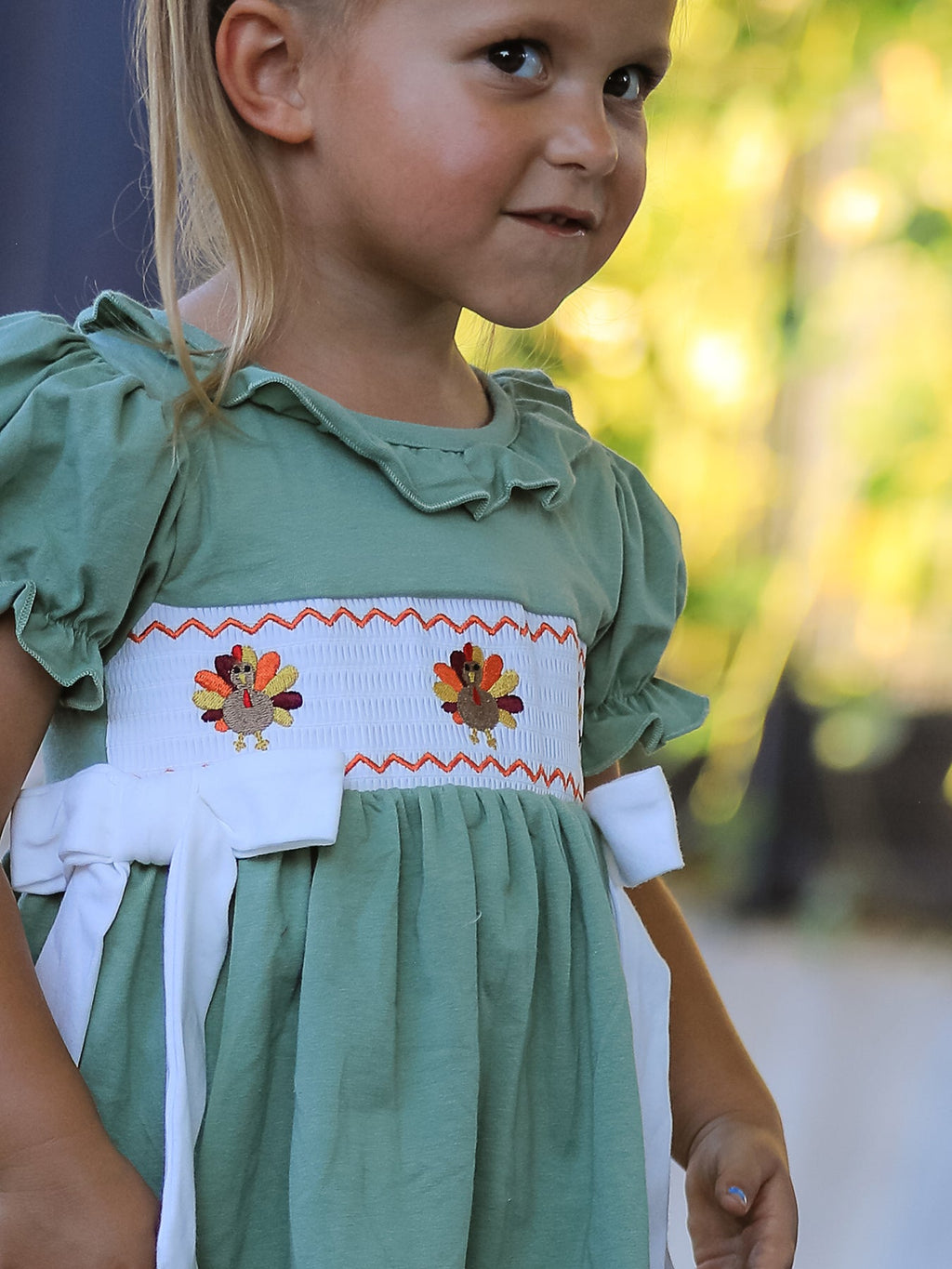 Fall Thanksgiving Turkey Smock Embroidered Green Plaid Boys 'Set