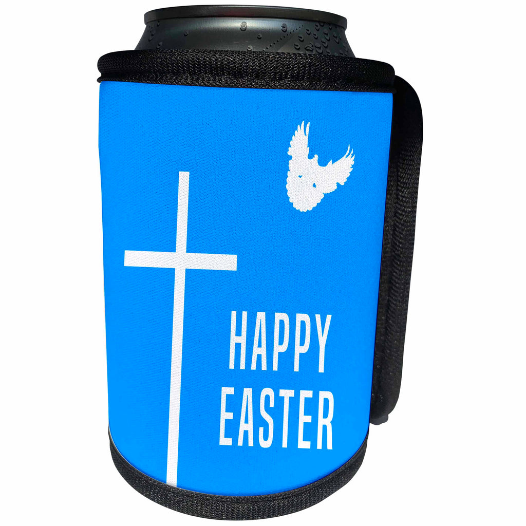 3dRose Alexis Design - Holidays Easter - Happy Easter text, white cross, dove and blue sky - Can Cooler Bottle Wrap (cc_283881)
