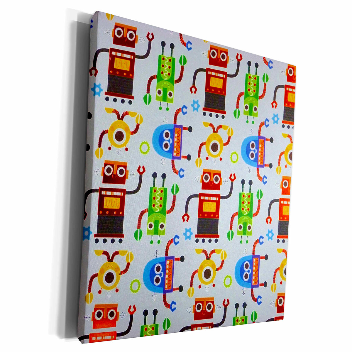 3dRose Florene Childrens Art - Red Green Blue Robots On White - Museum Grade Canvas Wrap (cw_35303)