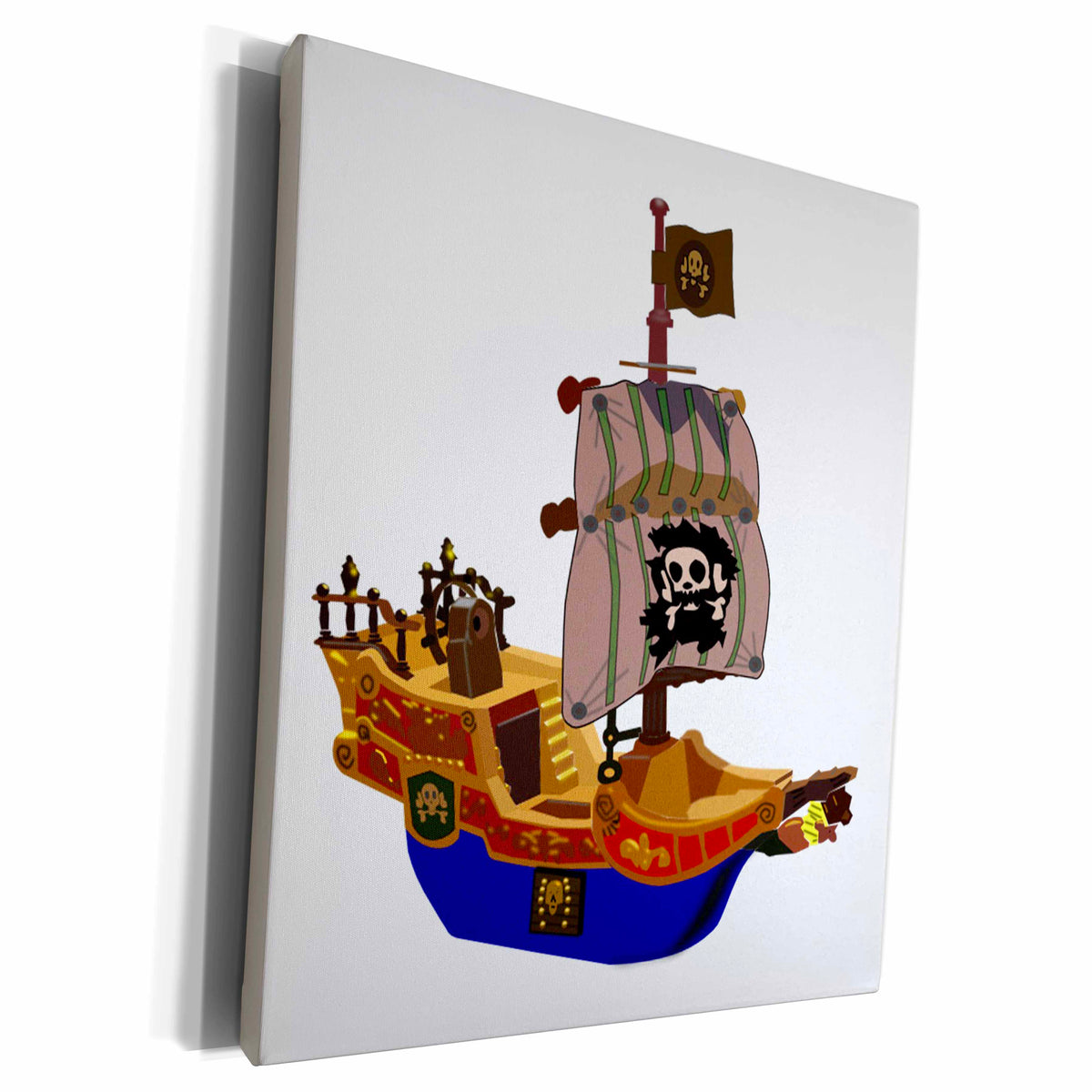 3dRose Florene Childrens Art II - Blue n Brown Pirate Ship - Museum Grade Canvas Wrap (cw_41710)
