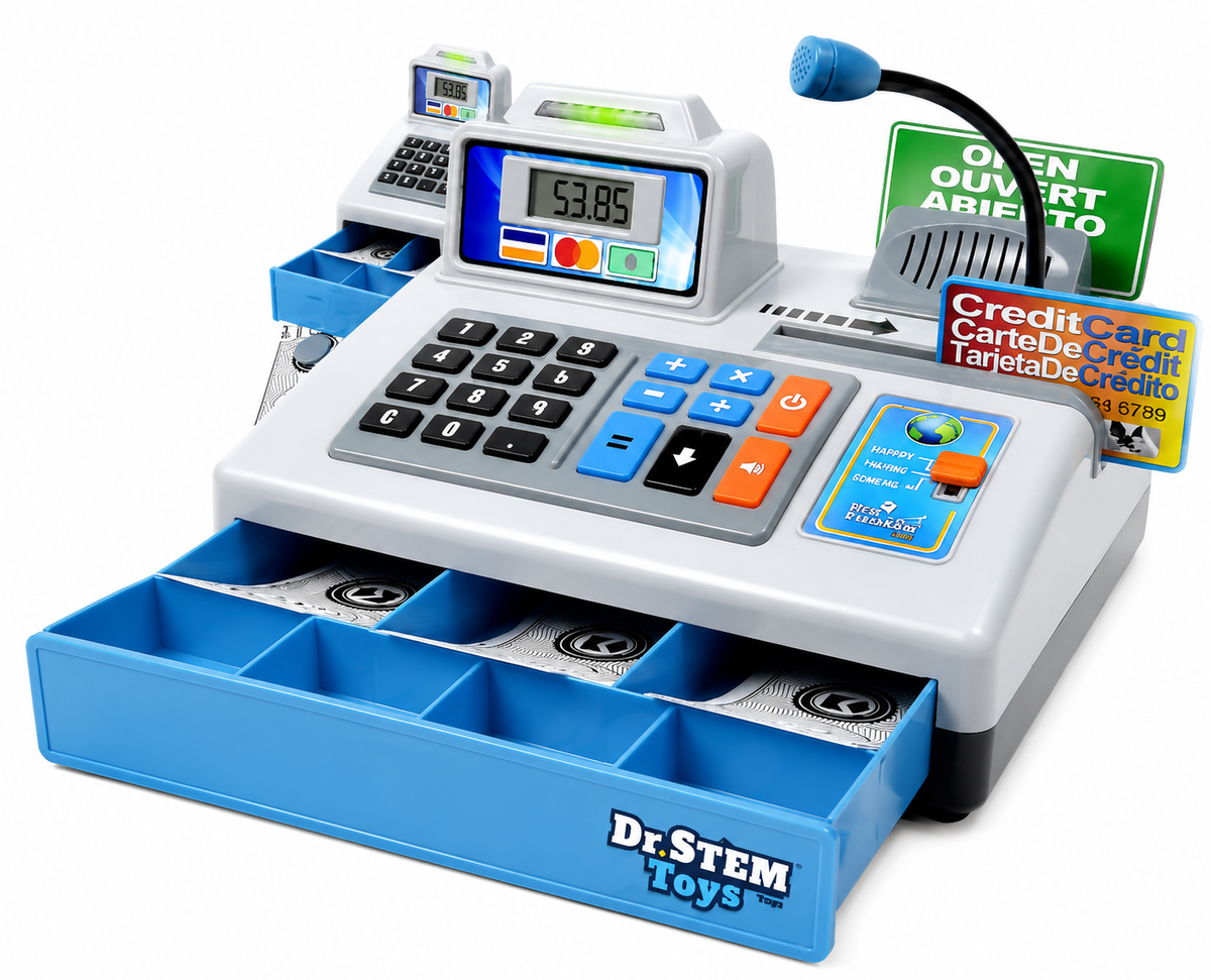 Dr. STEM Toys Talking Cash Register & Pretend Food Bundle– Trilingual Money Counting & Math Learning Toy with Play Money, Credit Cards & Working Microphone – Ages 3+