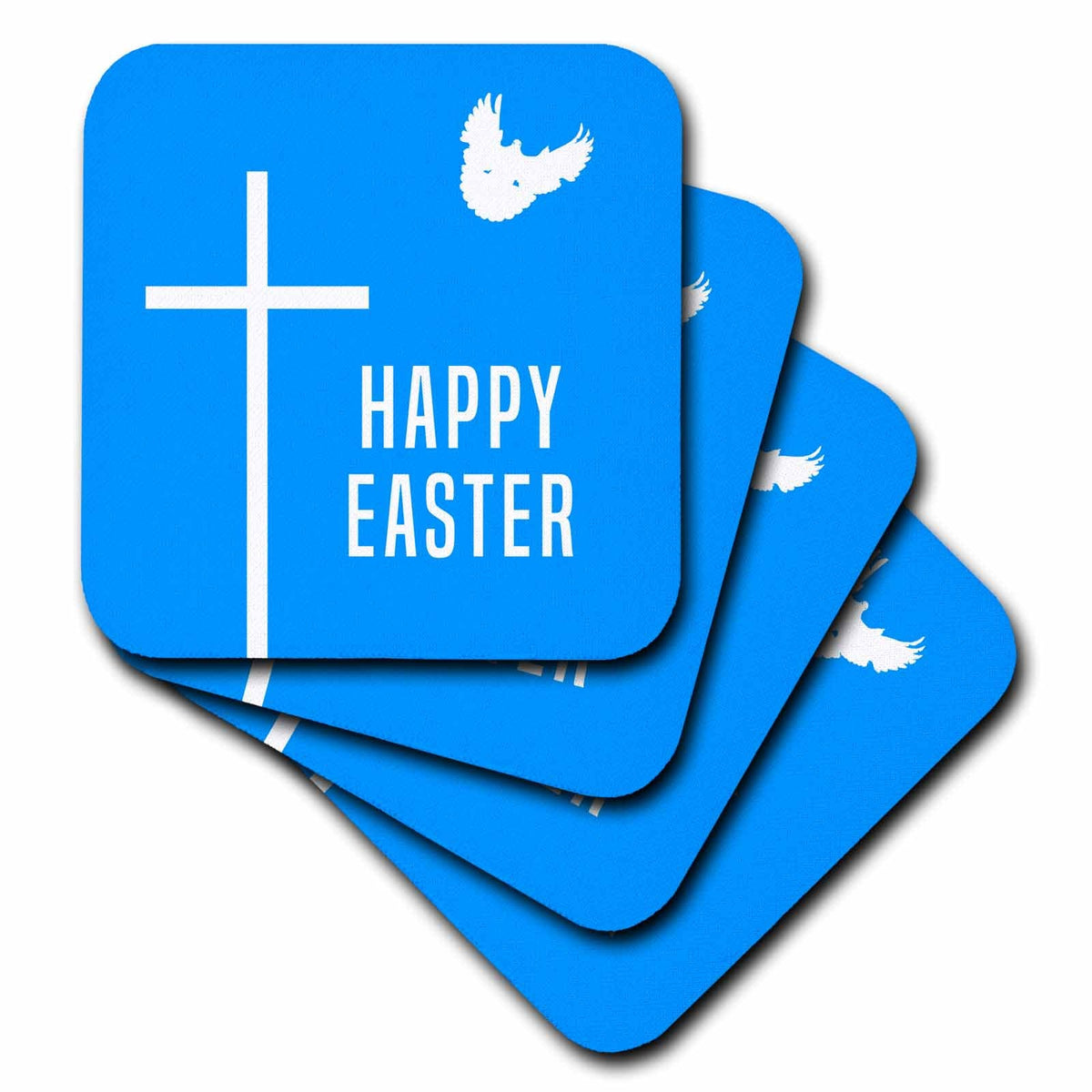 3dRose Alexis Design - Holidays Easter - Happy Easter Text, White Cross, Dove and Blue Sky - Coasters