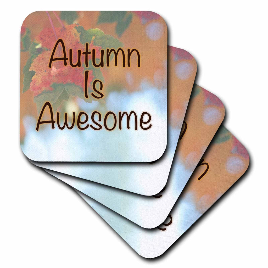 3dRose Autumn Is Awesome written over a faded photograph of fall leaves. - Coasters (cst_337623)