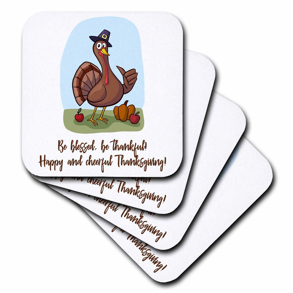 3dRose Funny Turkey Cartoon. Be Blessed, be Thankful Thanksgiving Wishes - Coasters (CST_339332)