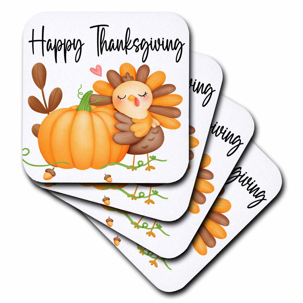 3dRose Happy Thanksgiving Cute Happy Turkey Hugging A Pumpkin - Coasters (cst-369942)