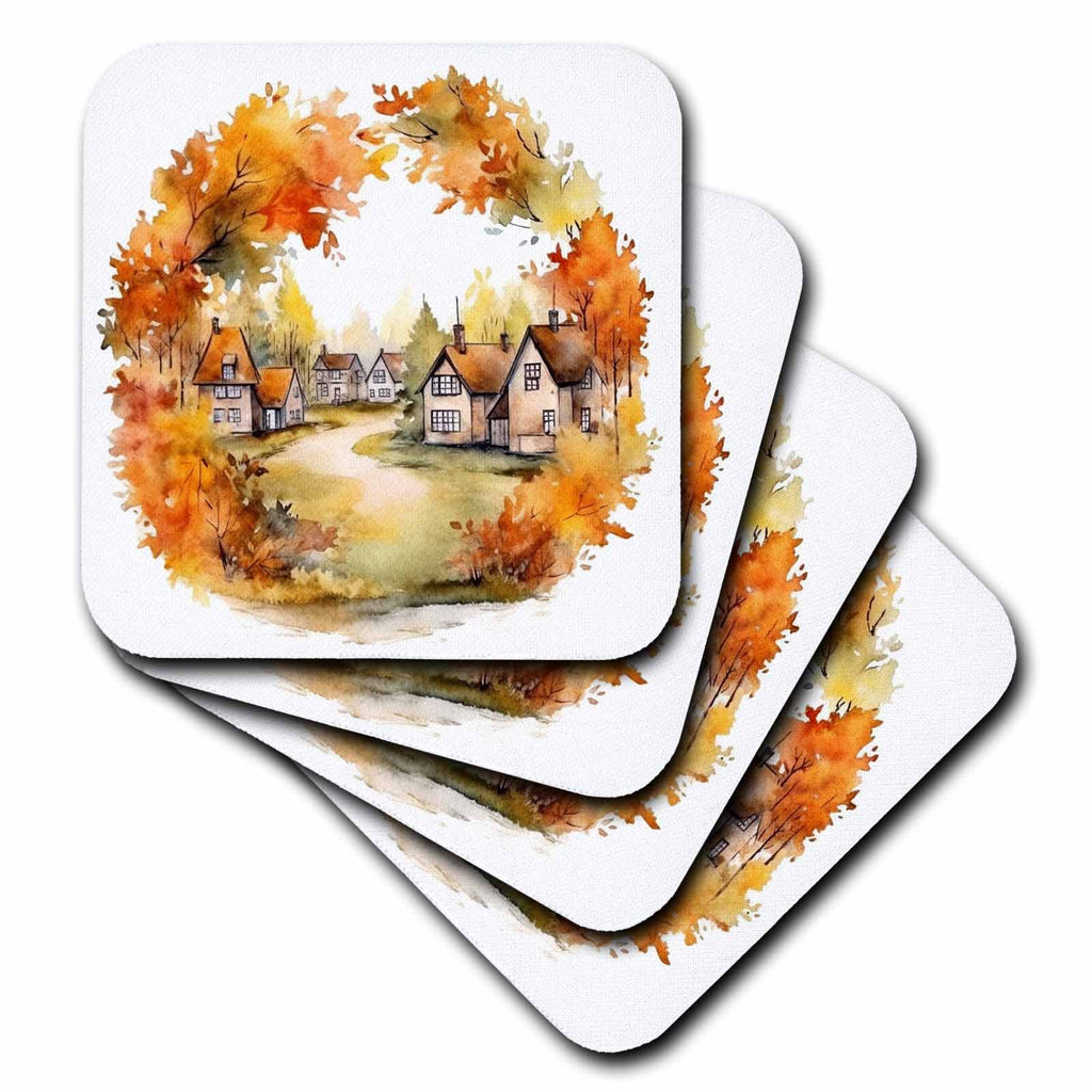 3dRose Pretty Fall Leaf Wreath with A Country Town in The Center - Coasters (cst-384095)