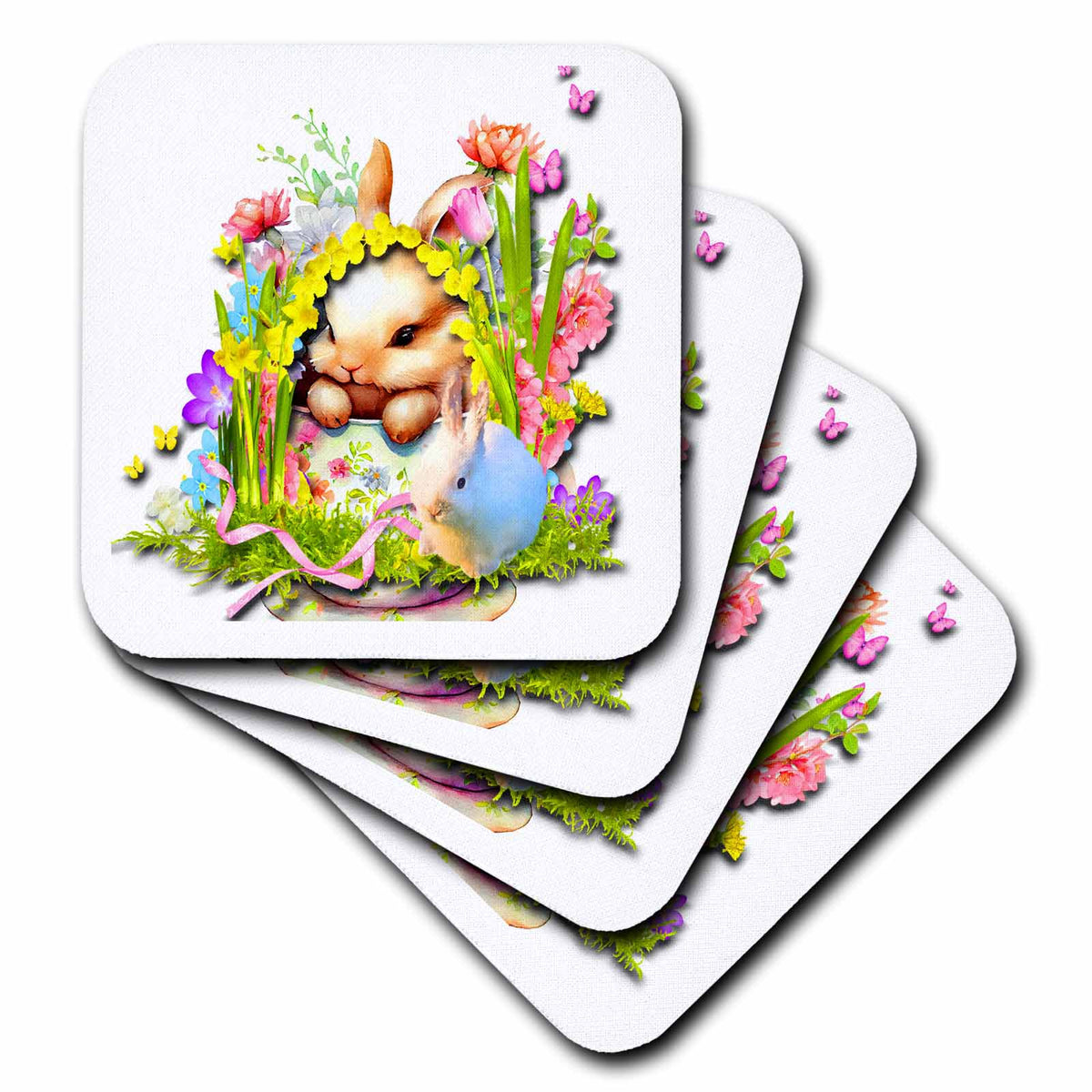 3dRose Cute Easter Bunny ad Beautiful Basket, Flowers and Goodies - Coasters (cst-384426)