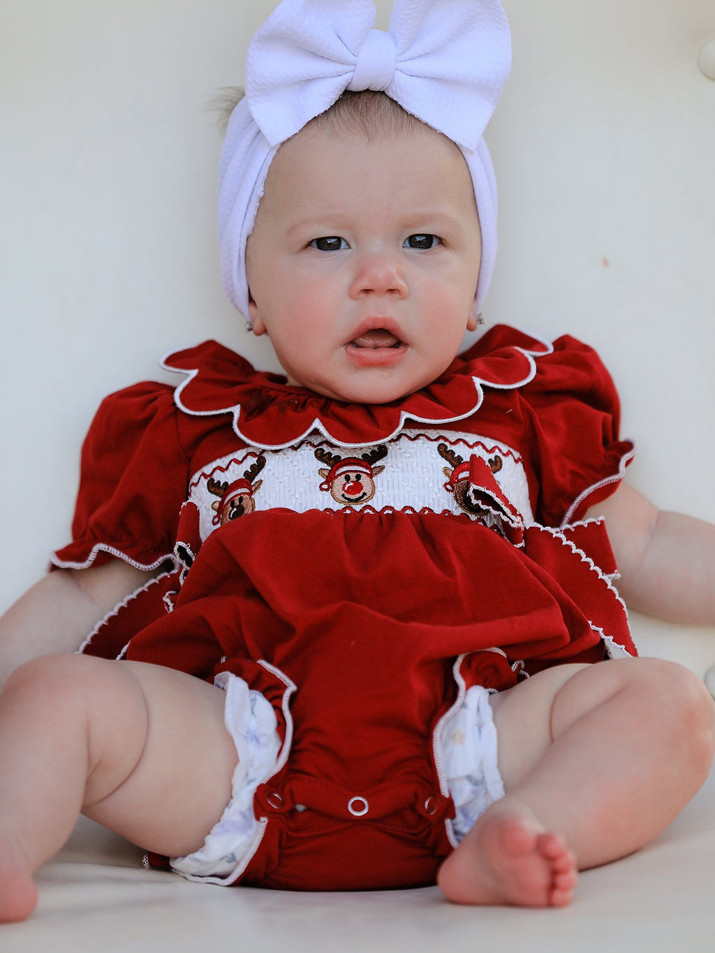 Baby Girls Christmas Reindeer Smocked Bubble Romper