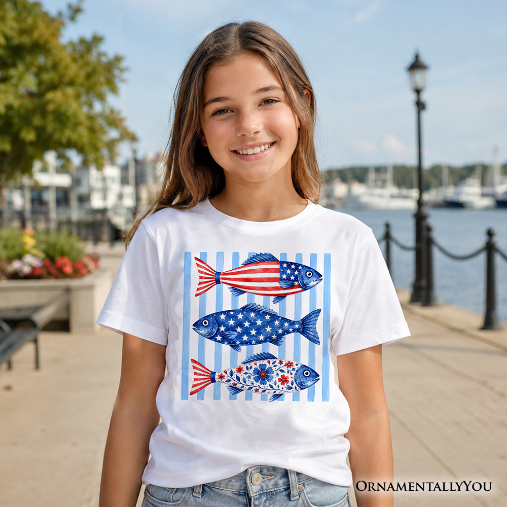 Kids Patriotic Fish Striped T-Shirt, 4th of July Beach Youth Tee