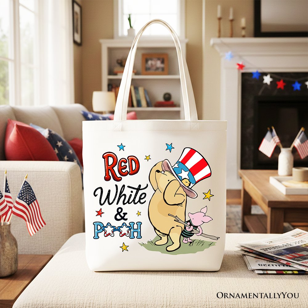 Red White & Proud Winnie-the-Pooh Tote Bag, 1926 A.A. Milne Patriotic 4th of July Gift Shopper