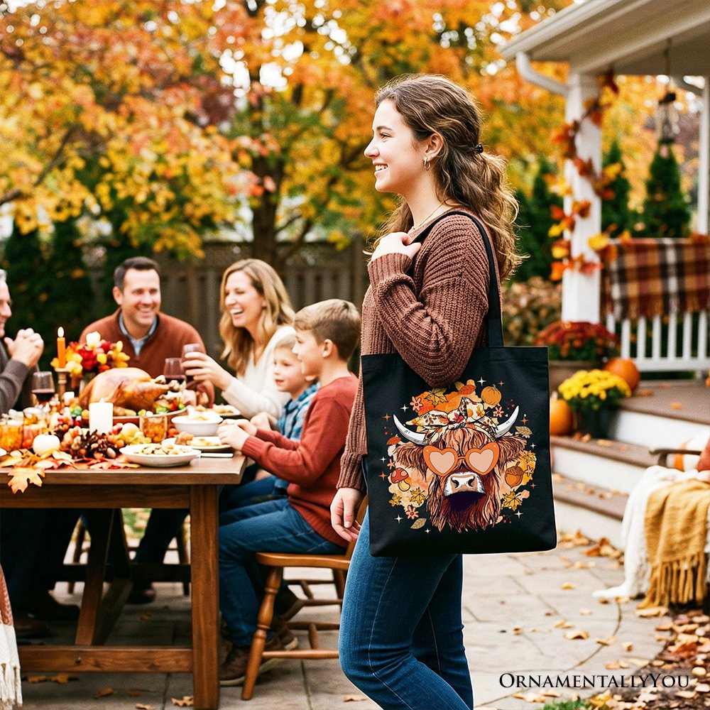 Fall Highland Cow Tote Bag, Messy Bun Howdy Gift Shopper with Autumn Vibes