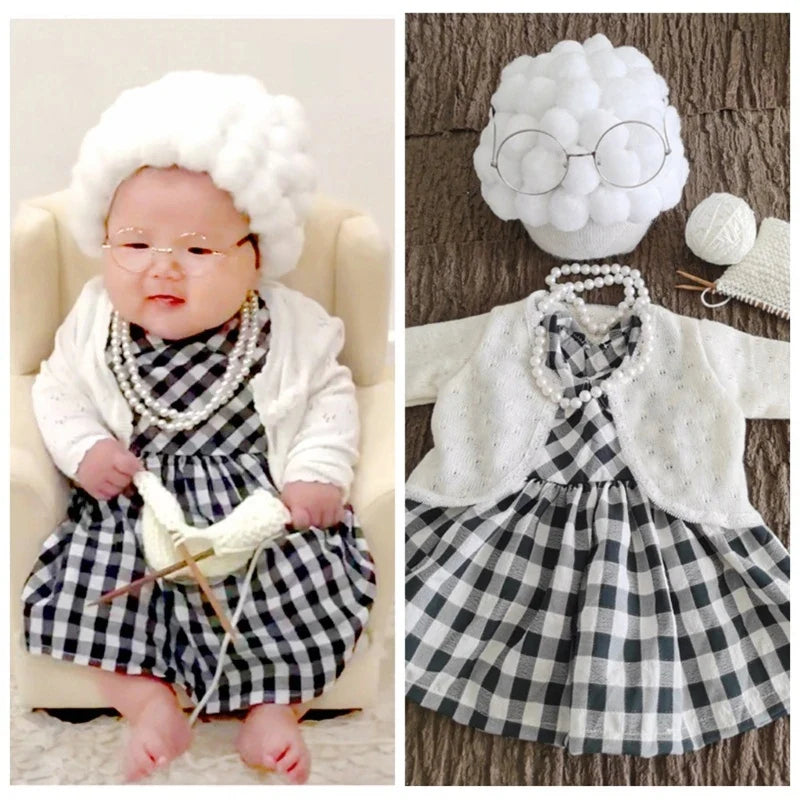 Funny Baby Photography Props Costume Set for Girls – Infant Cosplay Outfit, Grandma Clothes, Photo Shooting Hat and Accessories