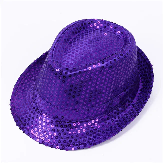 Adult  and Child Unisex Brilliant Glitter Sequins Hat Dance Fedora Hat Kid Dance Cap Solid Jazz Hat Party Glitter Costum 2size