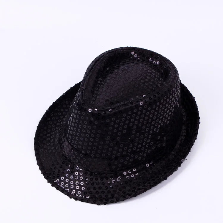 Adult  and Child Unisex Brilliant Glitter Sequins Hat Dance Fedora Hat Kid Dance Cap Solid Jazz Hat Party Glitter Costum 2size