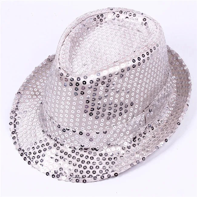 Adult  and Child Unisex Brilliant Glitter Sequins Hat Dance Fedora Hat Kid Dance Cap Solid Jazz Hat Party Glitter Costum 2size