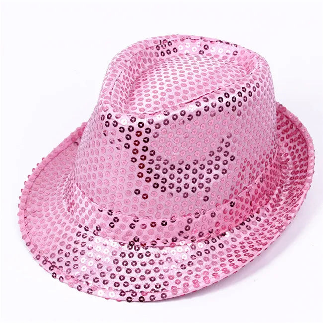 Adult  and Child Unisex Brilliant Glitter Sequins Hat Dance Fedora Hat Kid Dance Cap Solid Jazz Hat Party Glitter Costum 2size